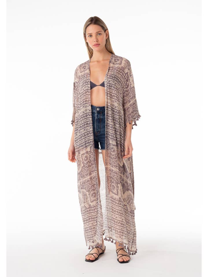 Sheer Tie Front Maxi Kimono