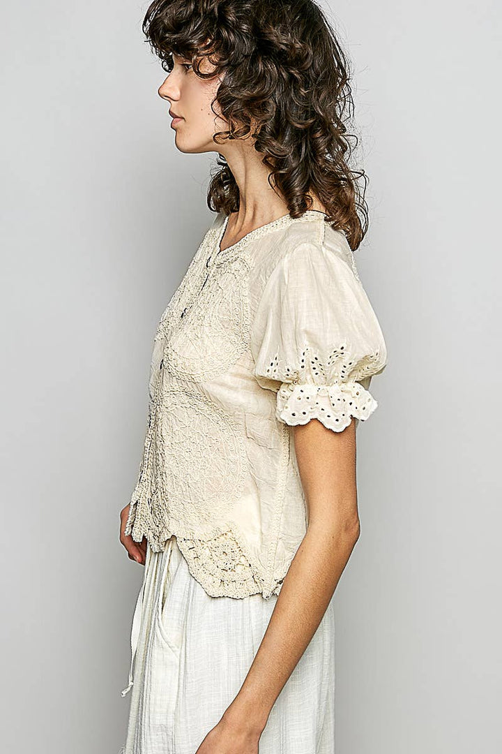 Round Neck Button Closure Crochet Top