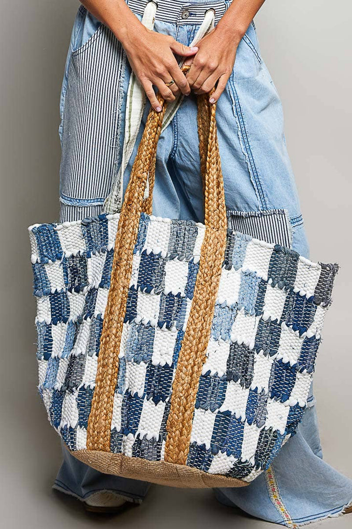 Ivory Denim Checker Woven Tote Bag