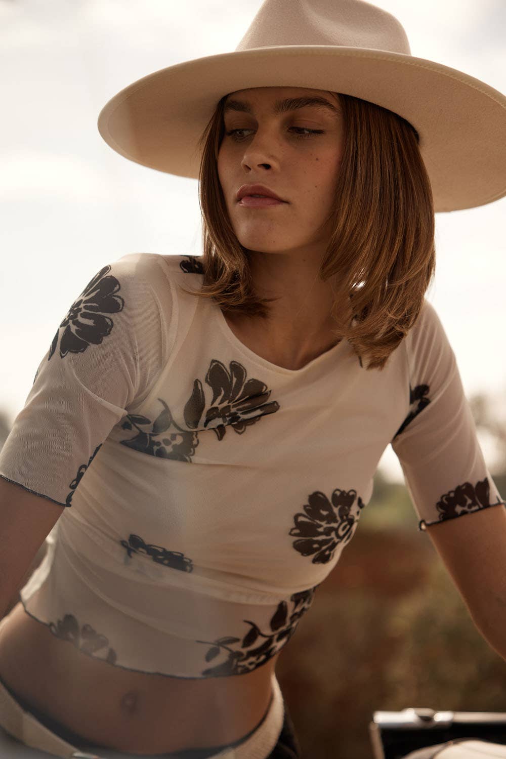 Floral Mesh Ruched Cropped Knit Top
