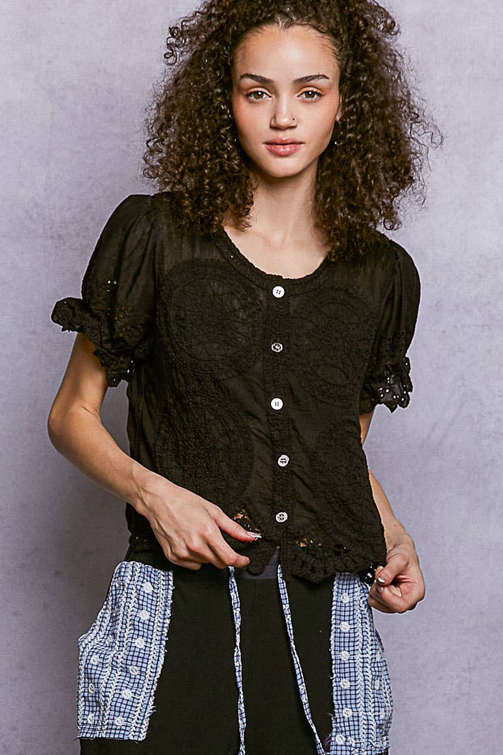 Round Neck Button Closure Crochet Top