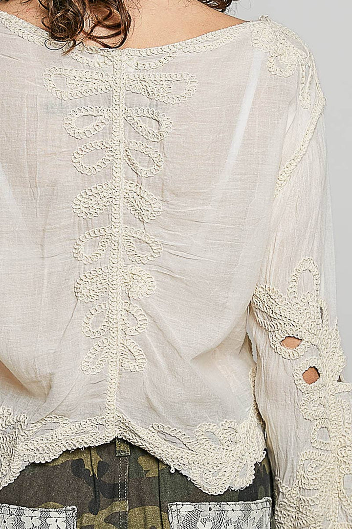 Cropped Long Sleeve Solid Crochet Top