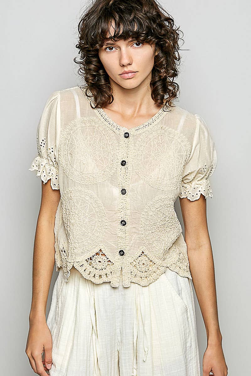 Round Neck Button Closure Crochet Top