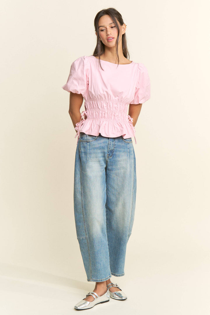 Boat Neckline Smocked Puff Sleeves Top: