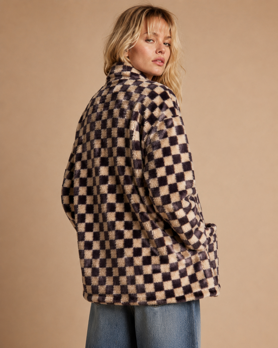 Checkmate Faux Fur Cardigan Jacket