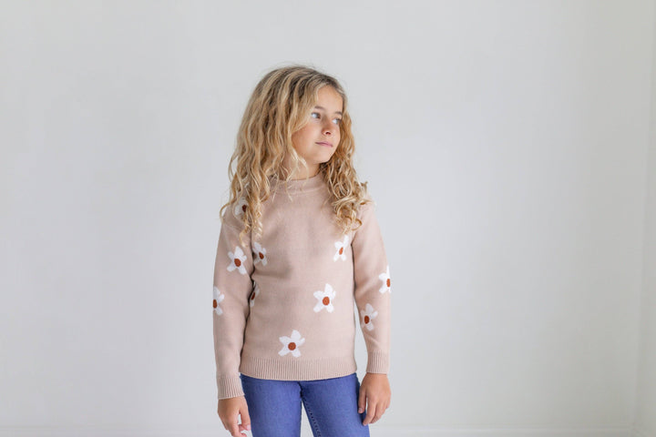 Beige Flower Crew Neck  Sweater