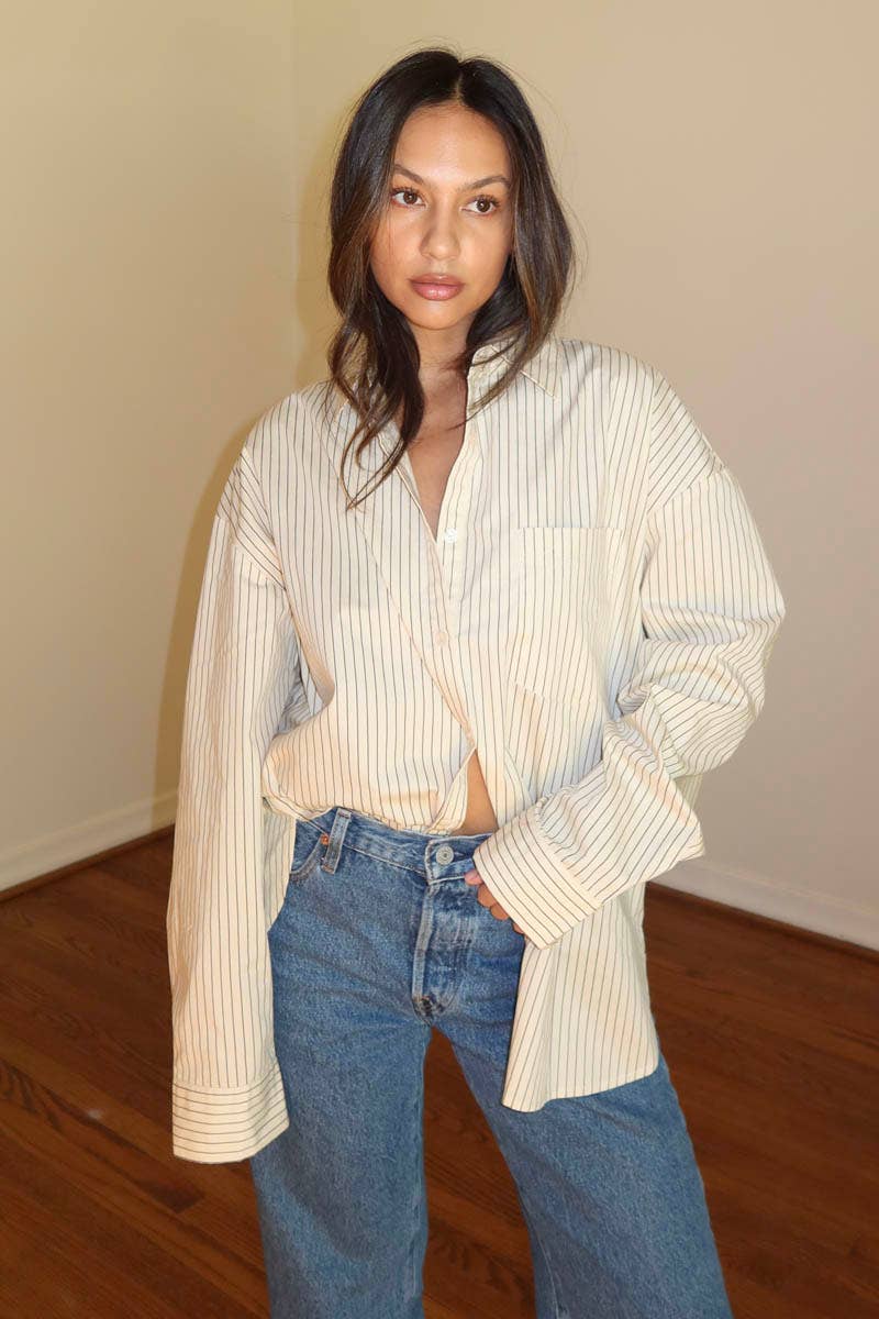 OVERSIZED PIN STRIPE BUTTON UP SHIRT