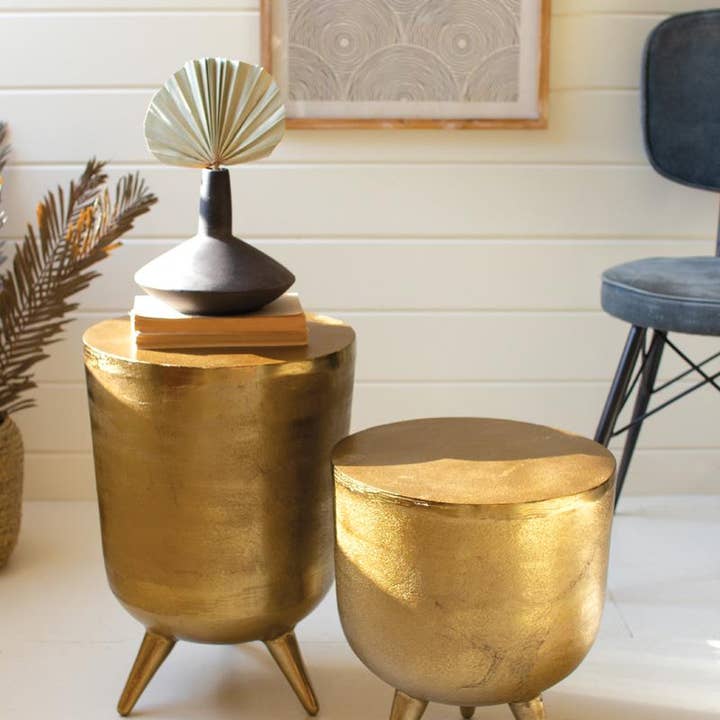 SET OF 2 Antique Brass Aluminium Drum Tables