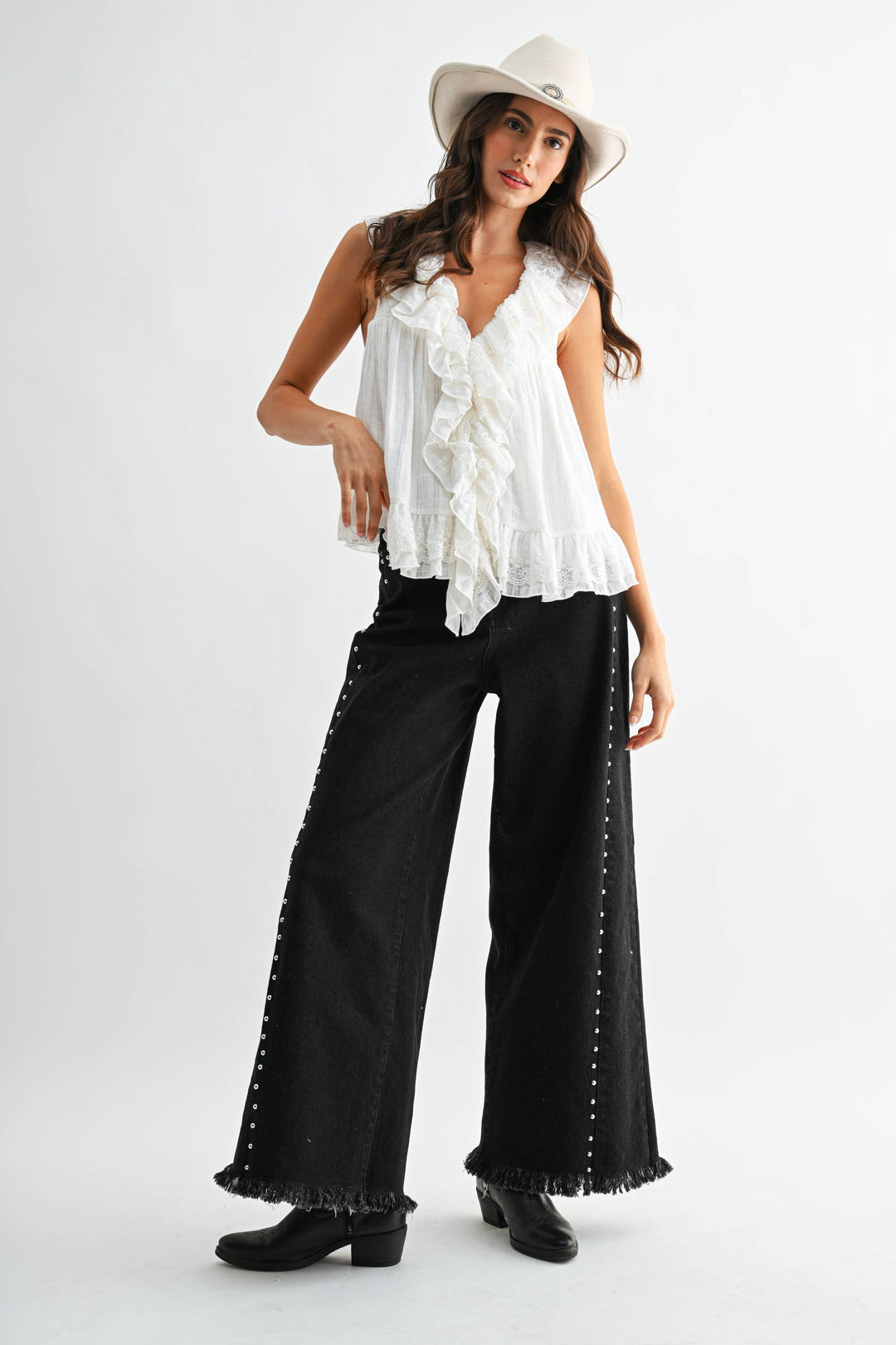 High-Waisted Black Wide-Leg Stud Jeans
