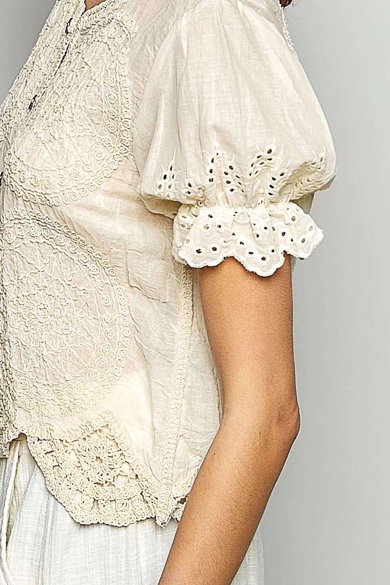 Round Neck Button Closure Crochet Top