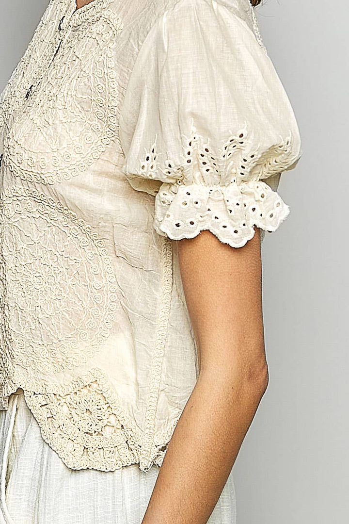 Round Neck Button Closure Crochet Top