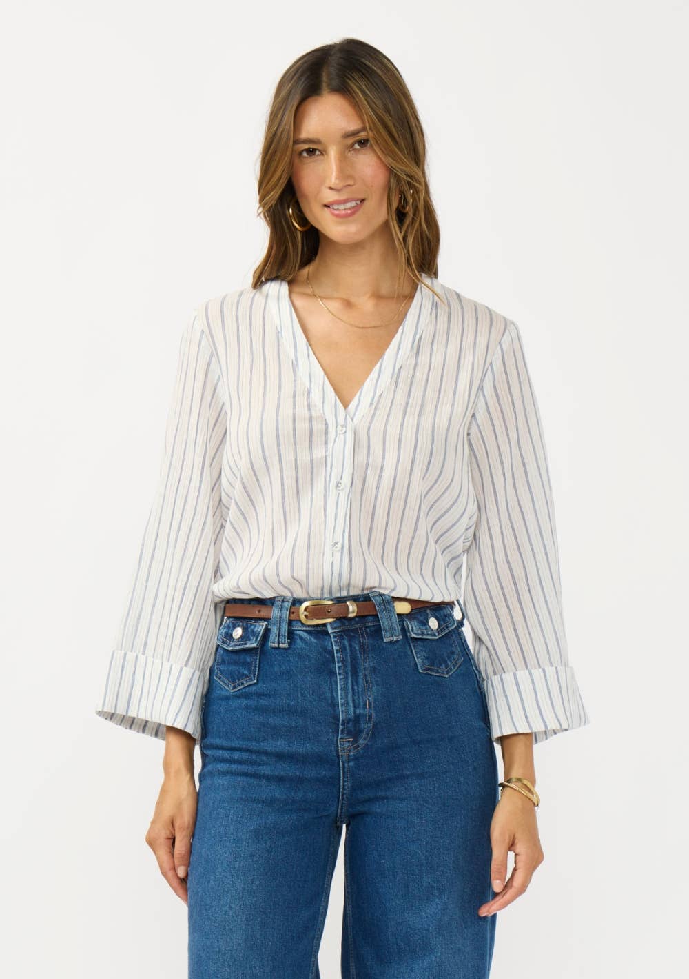 V-Neck Button Down Wide Sleeve Blouse