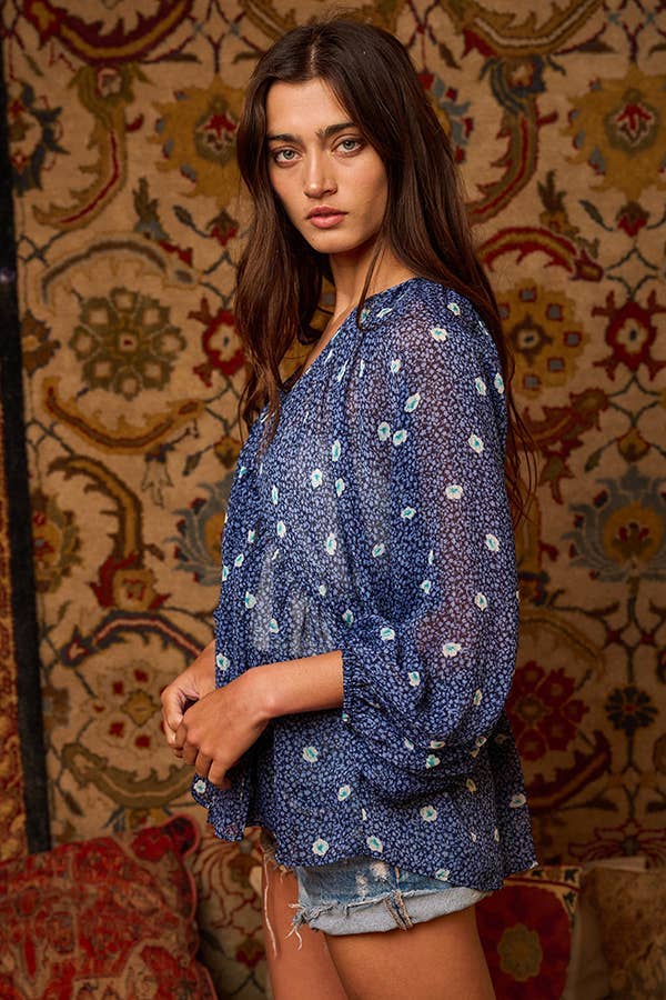 Floral Print Lurex Chiffon Blouse Top