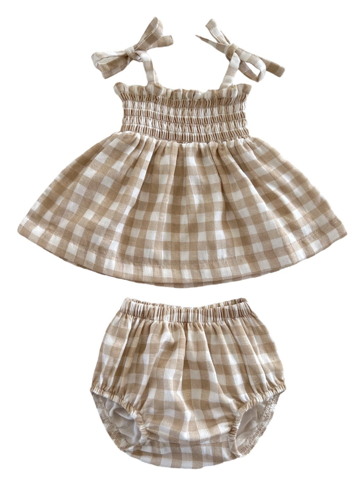 Tan Gingham Organic Smocked