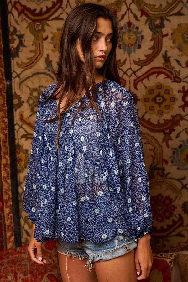 Floral Print Lurex Chiffon Blouse Top