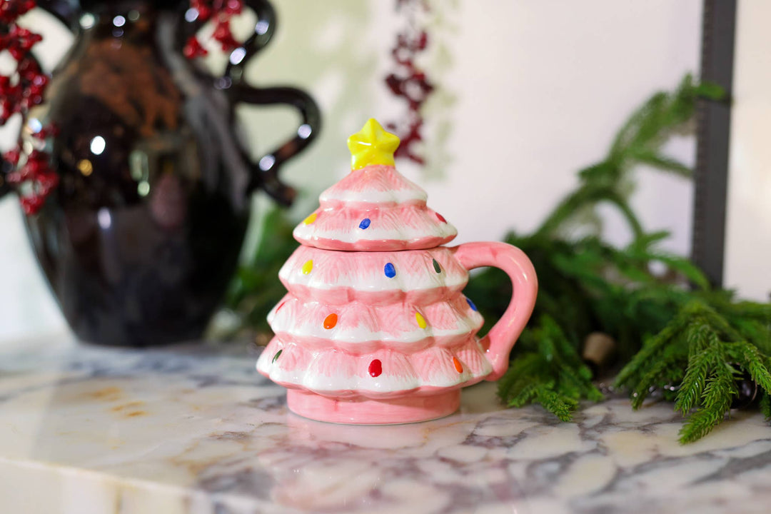 Pink Ceramic Christmas Tree Mug with Lid