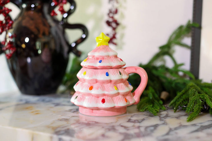 Pink Ceramic Christmas Tree Mug with Lid