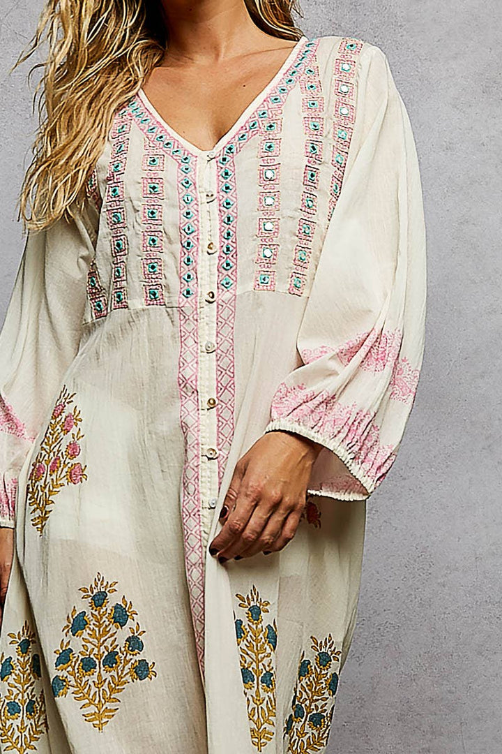Embroidered Floral Print Maxi Dress