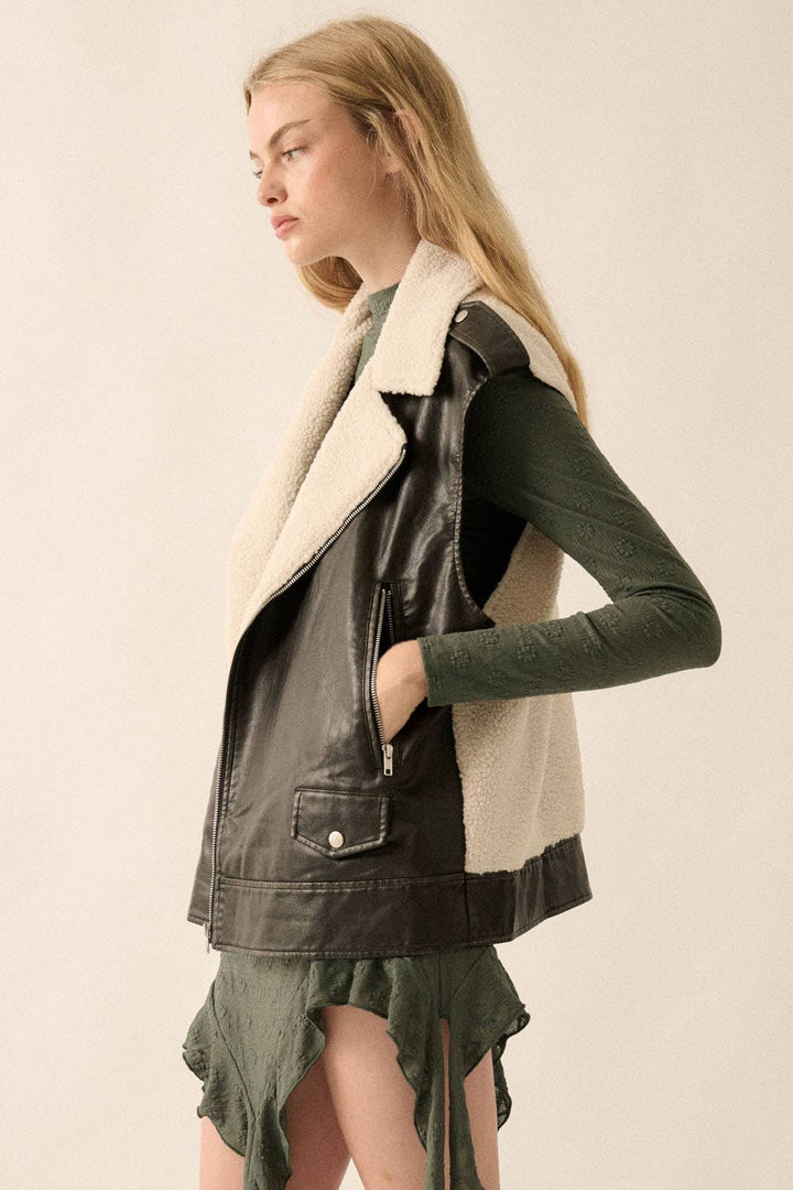 Vegan Leather &amp; Fleece Motorcycle Vest
