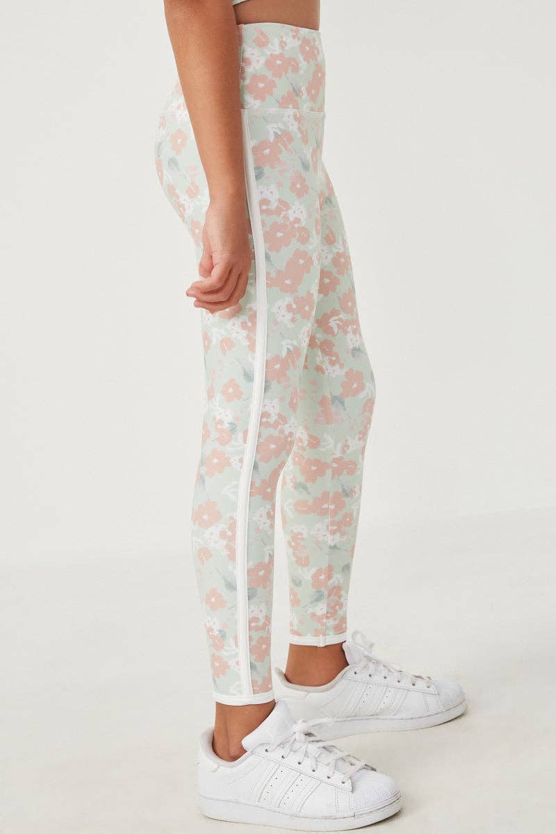Girls Side Stripe Floral Leggings