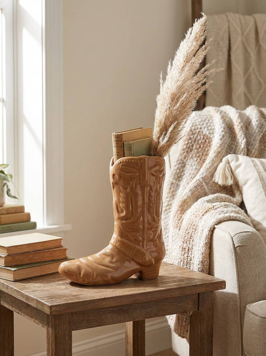 Ceramic Cowgirl Boot Vase