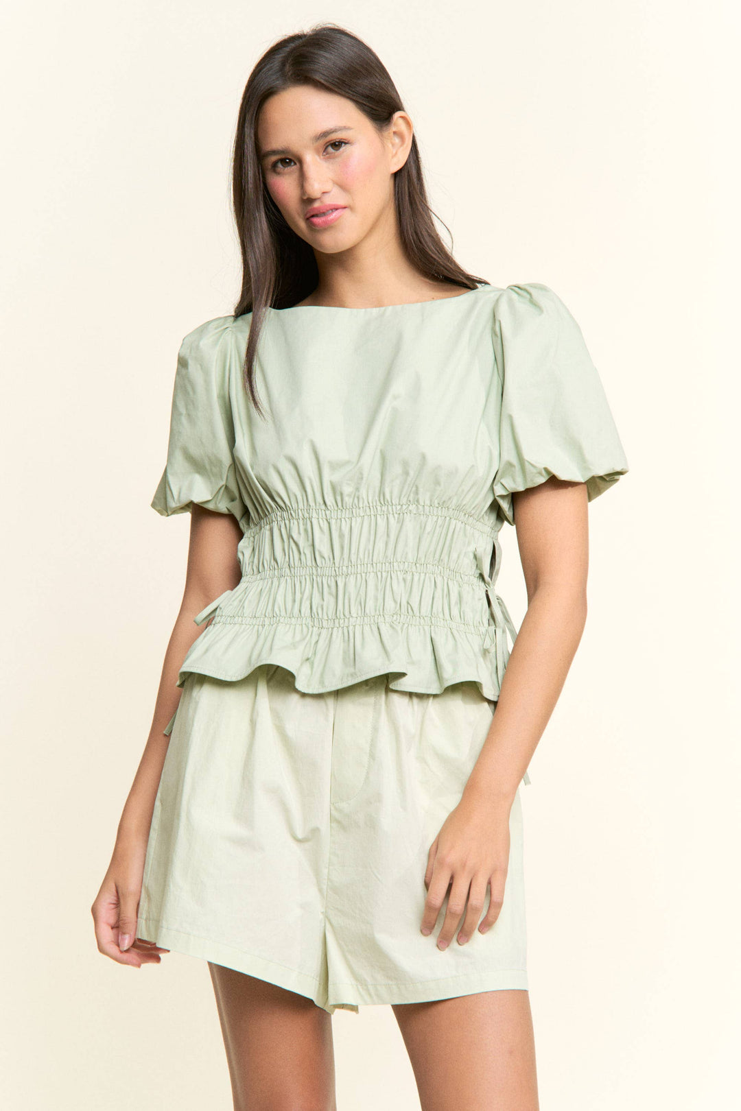 Boat Neckline Smocked Puff Sleeves Top: