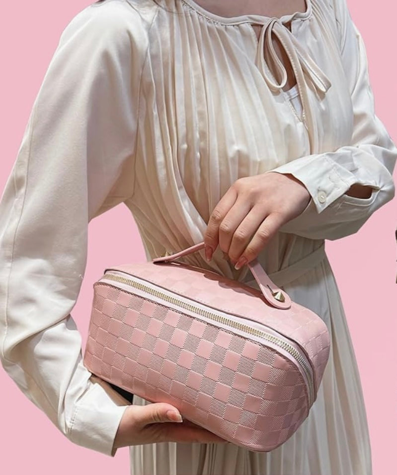 Pink Checkered Make Up Bag
