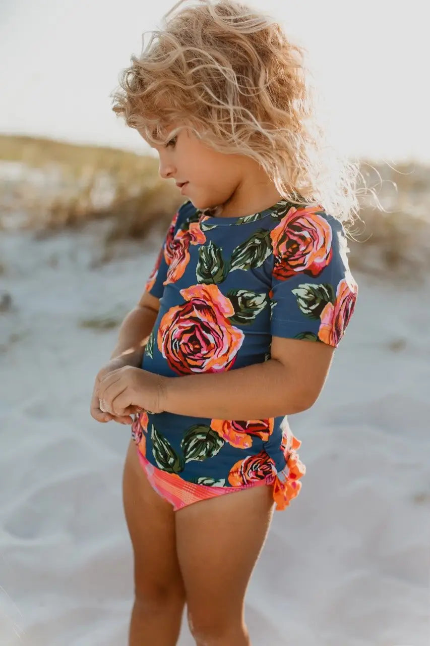 Kids Dark Teal Coral Rose Rash Guard Ruffle Swimsuit