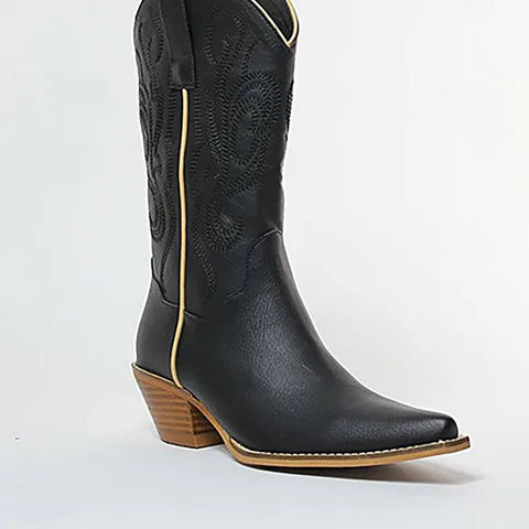 A single black leather cowboy boot with a pointed toe, stacked wood-look heel, and decorative stitching, shown against a plain white background.