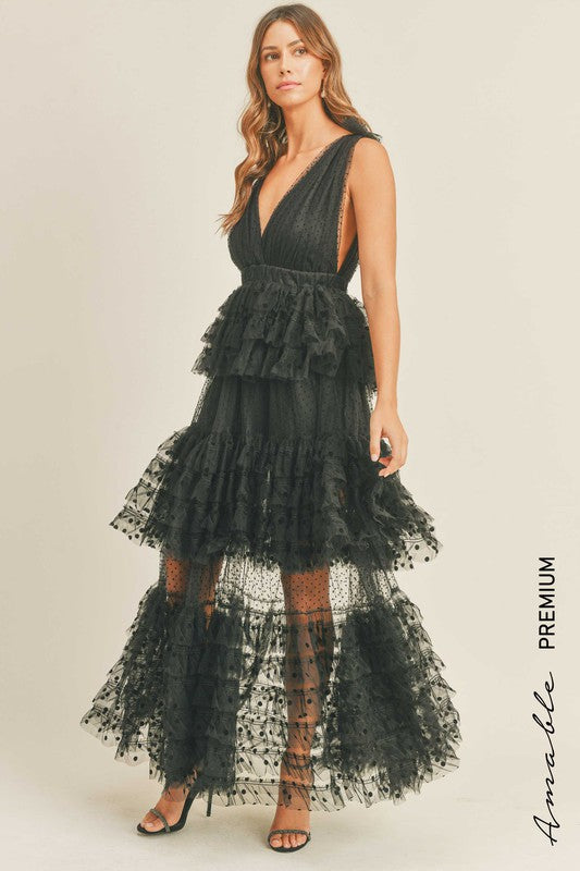 Polka Dot Tulle Ruffle Maxi Dress