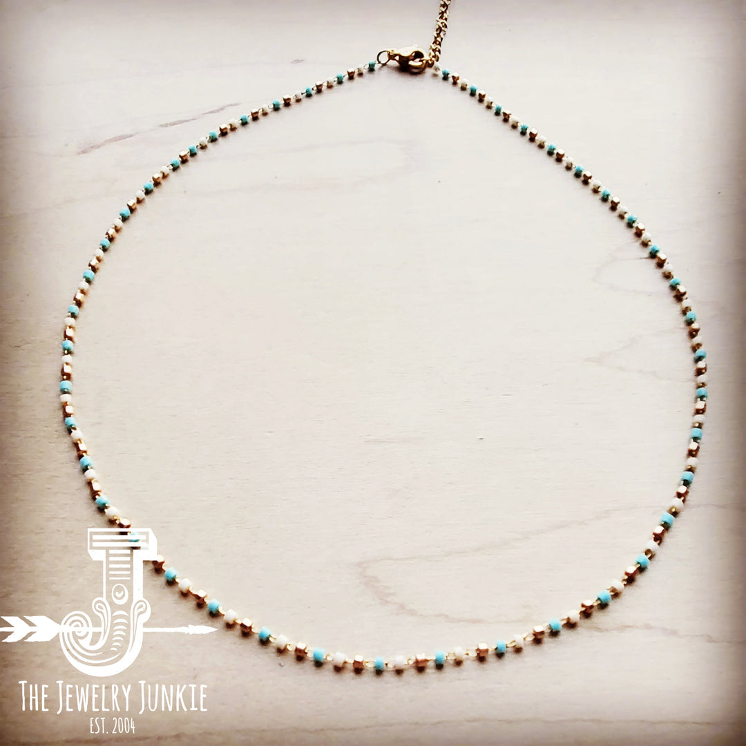 Micro Choker in White and Blue Turquoise w/ Gold Accents 253t