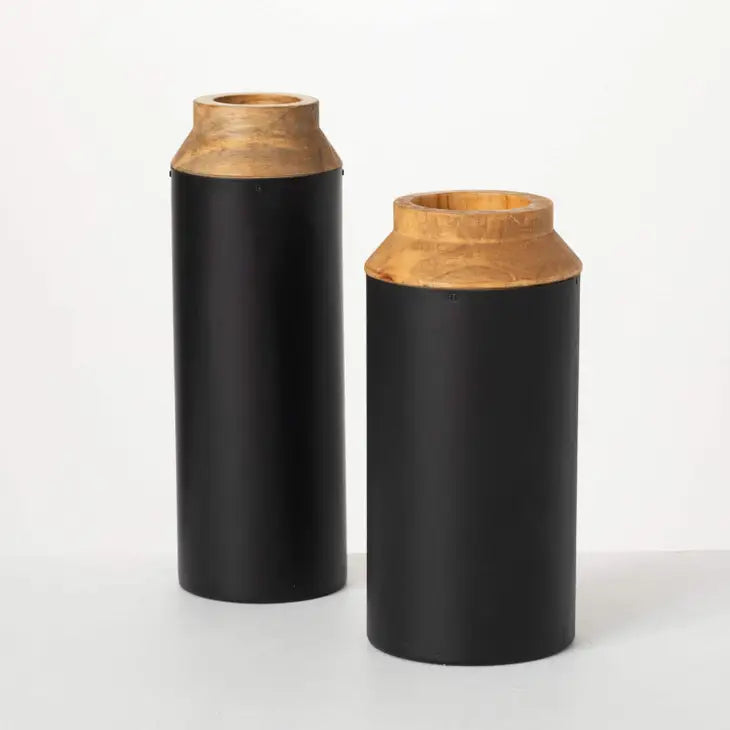 Wood And Black Vases Set Of 2