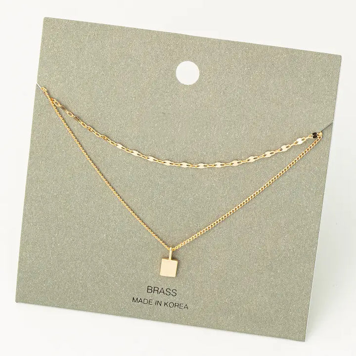 Mini Square Charm Layered Chain Necklace