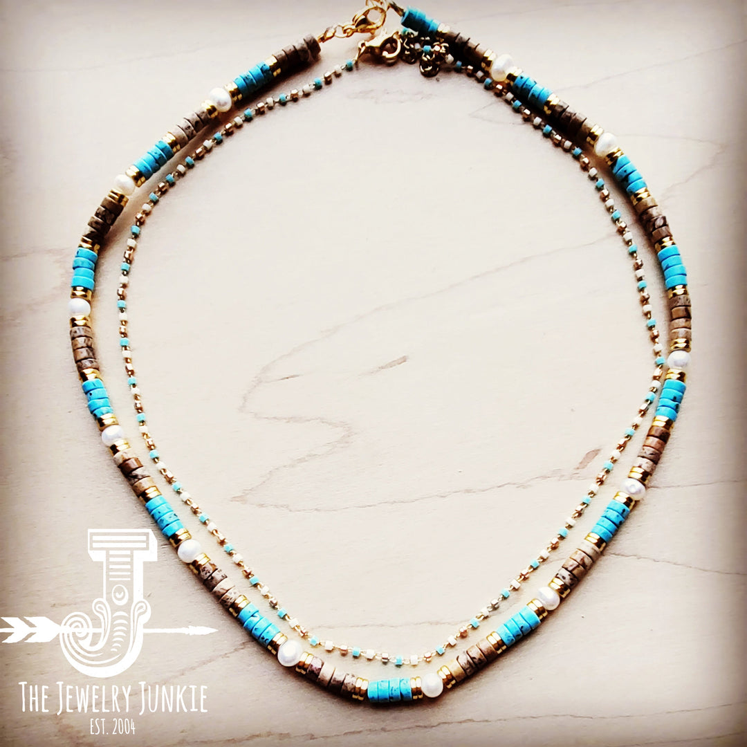 Micro Choker in White and Blue Turquoise w/ Gold Accents 253t