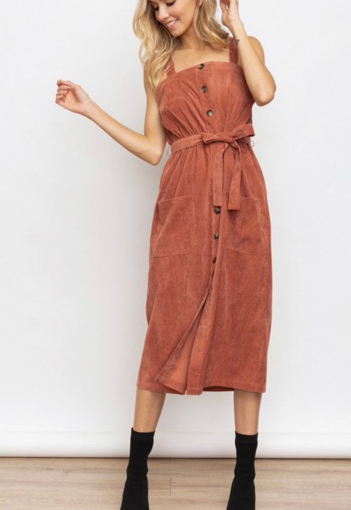 Brick Corduroy Button Up Dress