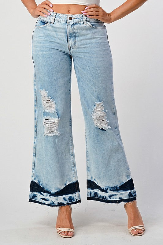 Acid Wash Cropped Wide Leg Jeans