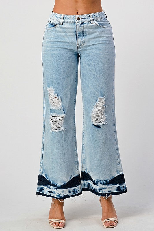 Acid Wash Cropped Wide Leg Jeans
