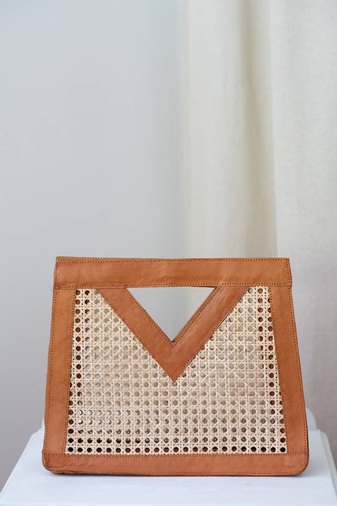 Brown Leather and Cane Bag, straw bag, leather clutch, bag