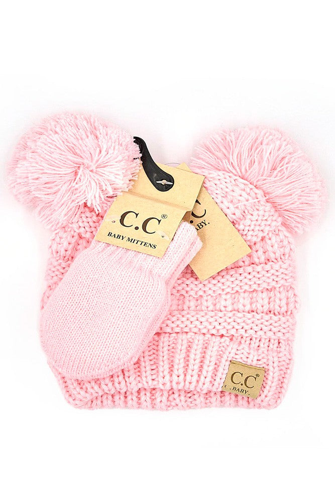 C.C Solid Ribbed Baby Pom Beanie and Mitten Glove