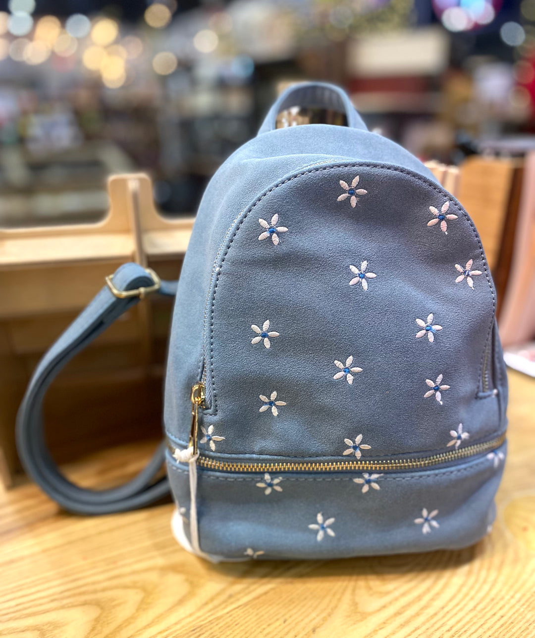 Blue Suede Embroidered Daisy Mini Backpack
