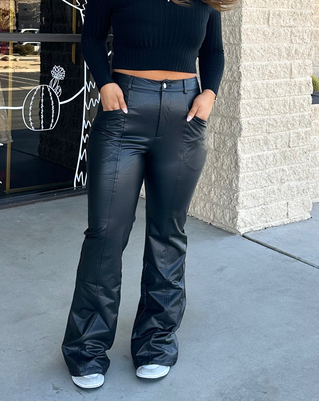 Flare Leather Pants With Seam Detail