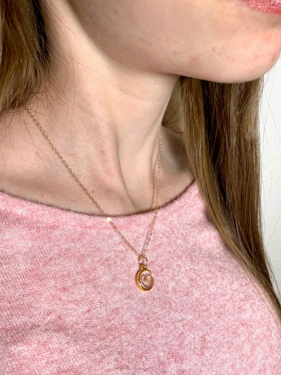 Gold Mustard Seed Round with Heart Necklace