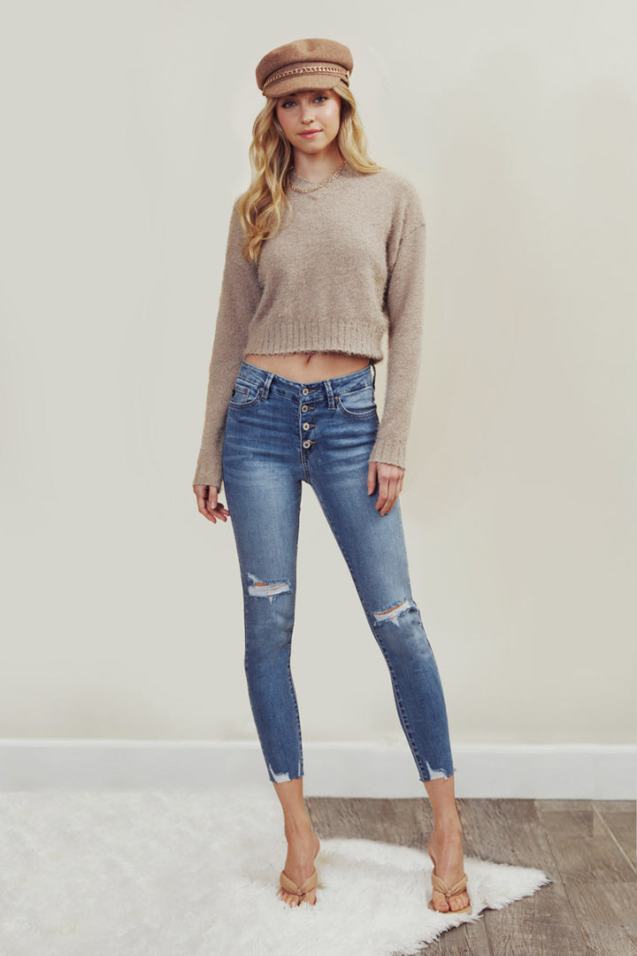 Mid Rise Exposed Button Skinny Jeans